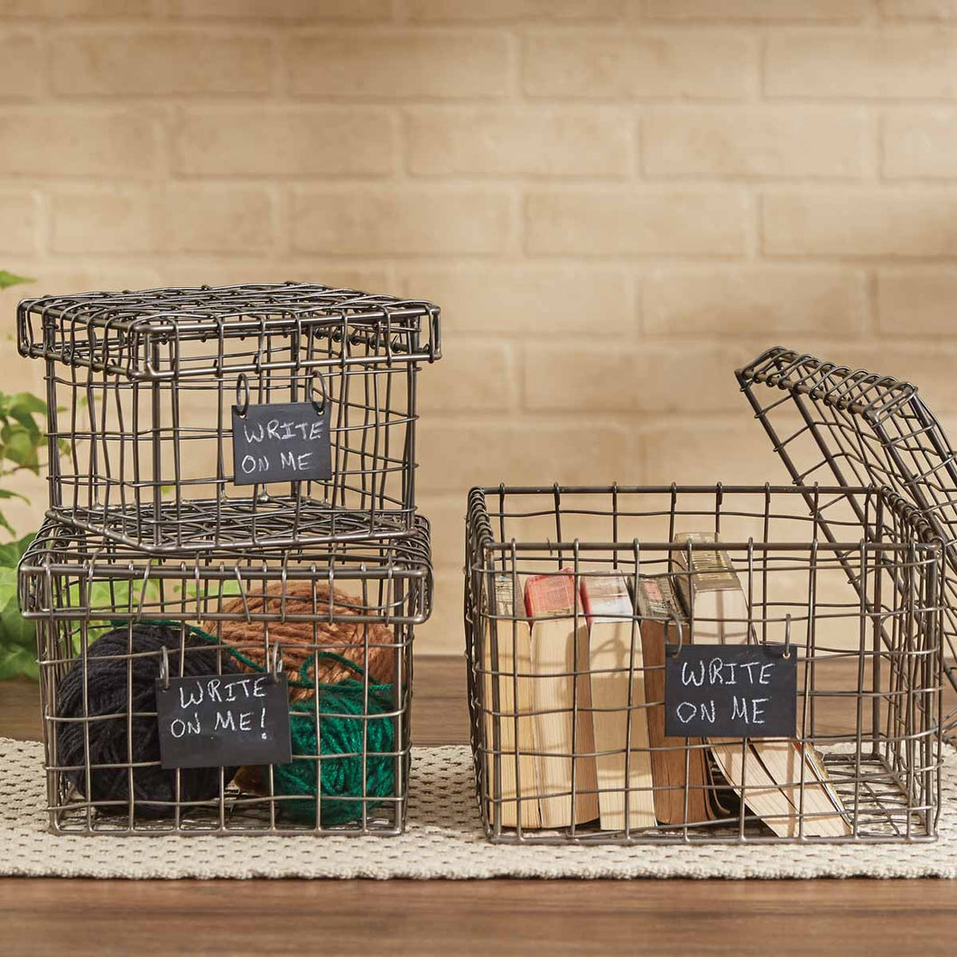 Wire Boxes with Chalkboard Tag - Set of 3