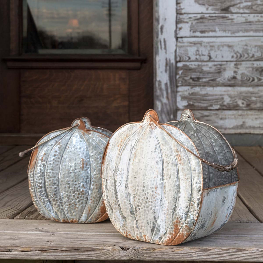 Embossed Tin Short Pumpkin Buckets (Set of 2)