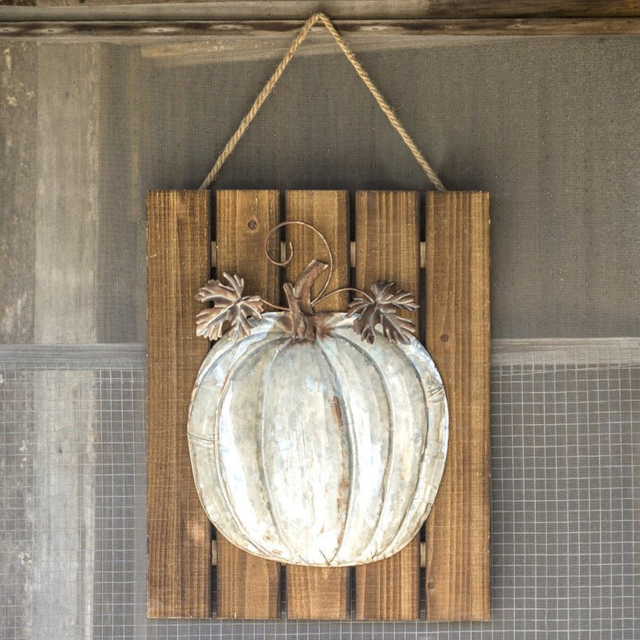 Embossed Metal Pumpkin on Wooden Door Plaque