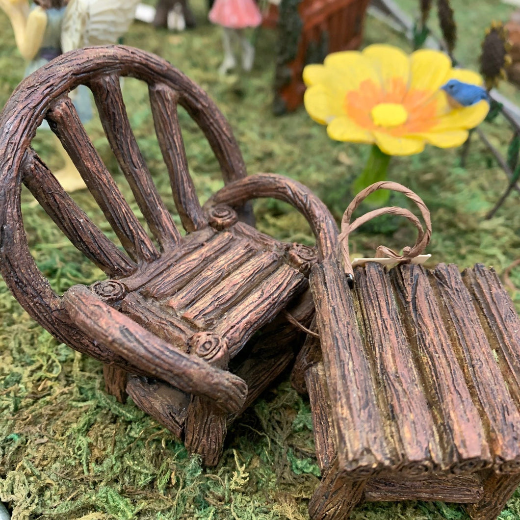 Fairy Garden Wood Chair and Foot Stool Set
