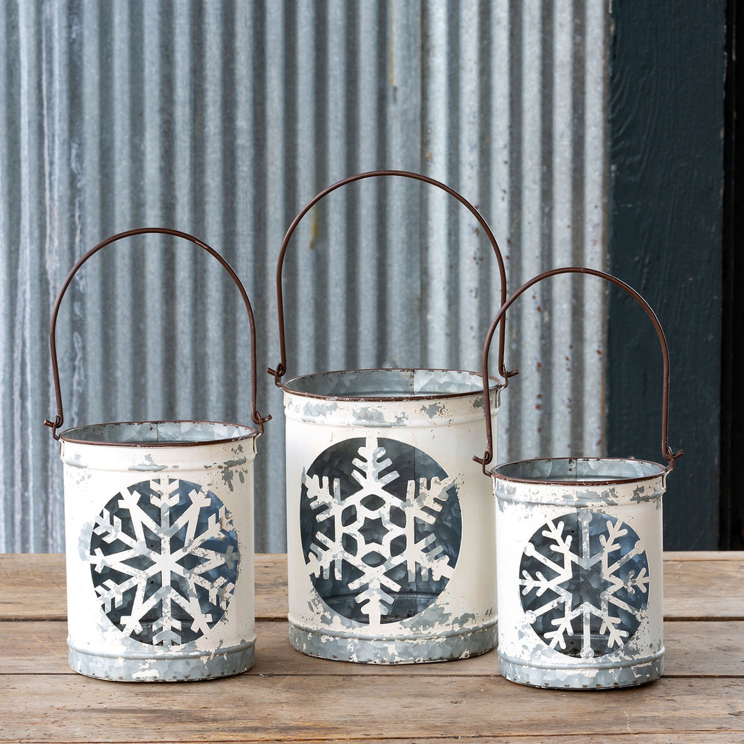 Antique White Snowflake Cut Out Luminaria Buckets - Set of 3