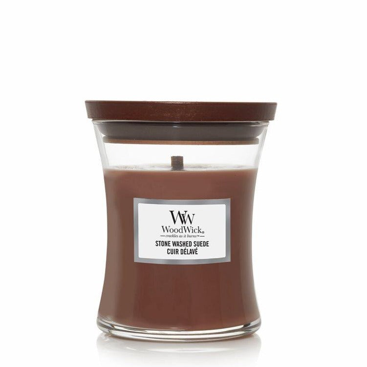 Woodwick Candle Stone Washed Suede by Yankee Medium Hourglass Jar 9.7 oz